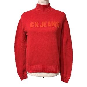Vtg Y2K CK Jeans Red Ribbed Mock Turtleneck  Sweater Size Medium